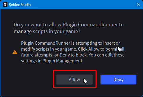 Roblox Studio prompt asking to allow CommandRunner to manage scripts