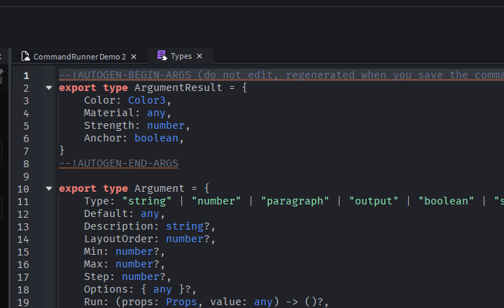 Script editor showing RecolorParts.Types — the AUTOGEN-BEGIN-ARGS / AUTOGEN-END-ARGS block contains an ArgumentResult type with Color: Color3, Material: any, Strength: number, Anchor: boolean derived from the command's Arguments schema, with the Argument type definition continuing below the block
