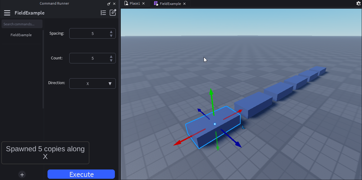 FieldExample command running in the widget — Spacing, Count, and Direction arguments visible, with five duplicated parts spawned along the X axis and a "Spawned 5 copies along X" notification