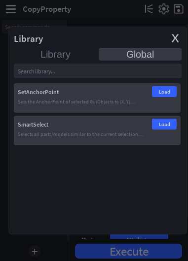 Library popup with the Global tab active, showing bundled commands like SetAnchorPoint and SmartSelect