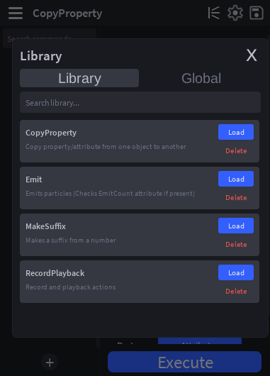 Library popup with the Library tab active, showing saved entries with Load/Delete buttons