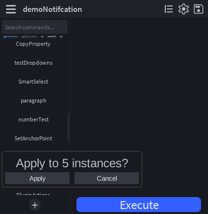 A two-button toast inside the widget asking "Apply to 5 instances?" with Apply and Cancel buttons