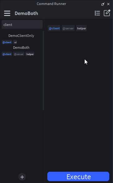 Sidebar filtered to "client" — DemoClientOnly and DemoBoth listed with @client (blue) and @server (green) reserved chips plus custom tag chips below each name; the active command's full tag set also renders as a card above the args panel