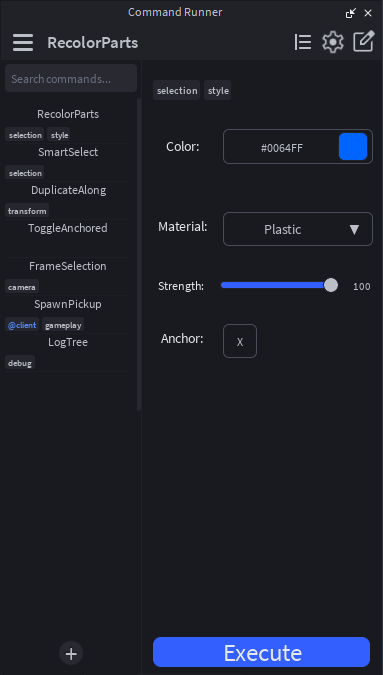 The CommandRunner widget with RecolorParts active — sidebar of seven tagged commands on the left, args panel on the right showing the TagsCard ("selection style") plus four argument cards (Color, Material dropdown, Strength slider, Anchor boolean) and the Execute button pinned to the bottom