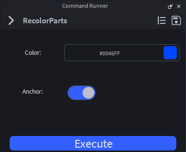 The RecolorParts command rendered in the CommandRunner widget, with a Color picker, Anchor switch, and Execute button.